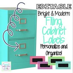 a blue filing cabinet with the words edittableible bright and modern