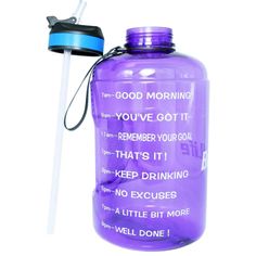 a purple water bottle with a straw sticking out of it's cap and saying good morning you've got it