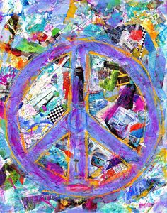 the peace sign is painted in purple and blue with lots of different things around it