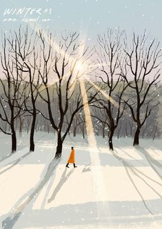 a person walking in the snow with trees and sun shining through their leaves on a winter day