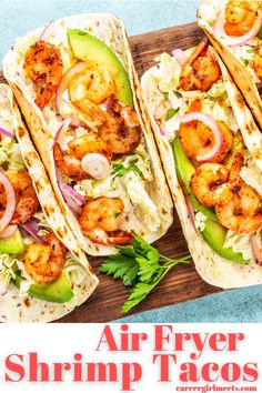 Air fryer shrimp tacos are delicious, healthy, and easy! This dinner recipe will become a family favorite, and it can be thrown together quickly. Defrost the frozen shrimp and coat them with spices that are most likely already in your pantry. I used street taco tortillas and topped the crispy fried shrimp with shredded cabbage, red onion, sliced avocado, and Mexican cheese. Enjoy!

// air fryer shrimp tacos // Mexican dinners // healthy meals // Air Fryer Shrimp Tacos, Air Fryer Shrimp, Best Shrimp Recipes, Chowder Recipes Seafood, Chipotle Crema, Spicy Shrimp Tacos, 200 Calorie Meals, Shrimp Taco Recipes, Shrimp Fajitas