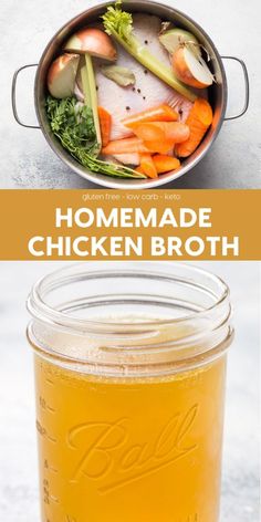 homemade chicken broth in a mason jar with carrots and celery