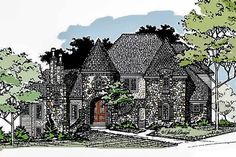 this is an artist's rendering of the front elevation of these european house plans