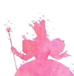 a watercolor painting of a princess holding a wand and wearing a pink dress with splots on it