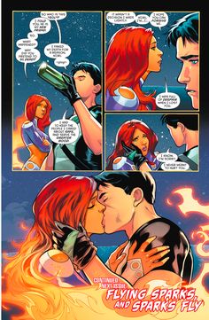 a comic strip with an image of a man kissing a woman in front of fire