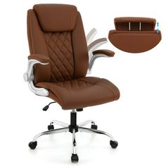 a brown office chair with an arm rest and foot rest on it's side