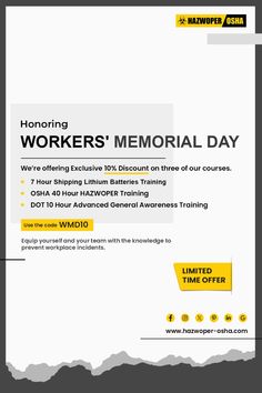 the flyer for workers'memorial day is shown in yellow and grey colors, with an image of mountains behind it