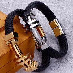 11mm Braided Genuine Leather Bracelet For Men Gold Stainless Steel Men's Charm Bracelets Handmade Male Jewelry Wrist Hand Band