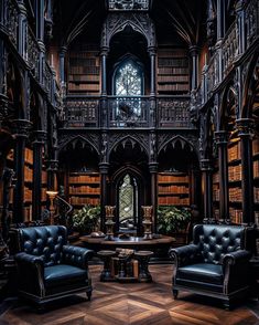 an old library with two leather chairs and a table