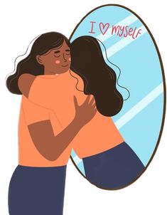 a woman is hugging her face in front of a mirror that says i love my self