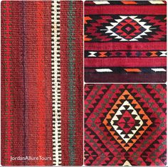 three different colored rugs are shown in four different colors and patterns, one is red, the other is green