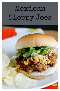 a sloppy joe sandwich on a plate with chips