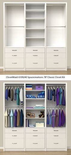 two white closets with drawers and shirts on them