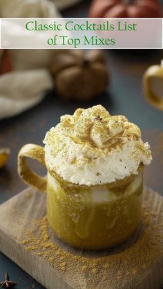 a cup filled with ice cream sitting on top of a wooden cutting board