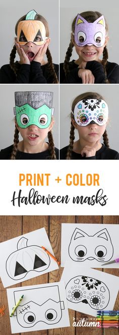 a collage of halloween masks with the words print and color on them