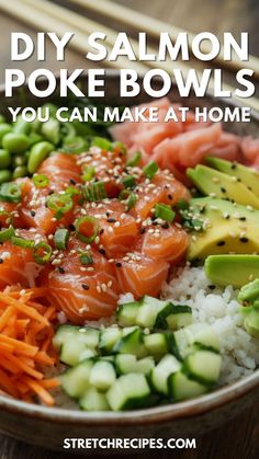 salmon poke bowls with rice, carrots and cucumbers