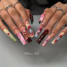 Dope Nail Designs, Square Acrylic Nails, Fire Nails, Funky Nails, Floral Nails