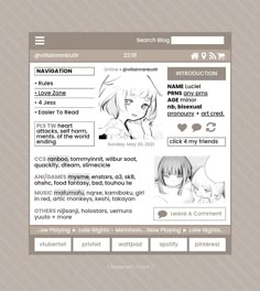 the web page for an anime character's profile on her mobile phone, which is also