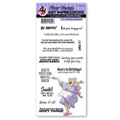 a clear stamp with an image of a woman in purple and white dress, saying happy birthday