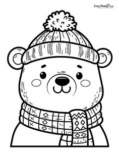 a black and white drawing of a teddy bear wearing a hat, scarf and mittens