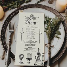 a menu sitting on top of a white plate next to silverware and candle holders