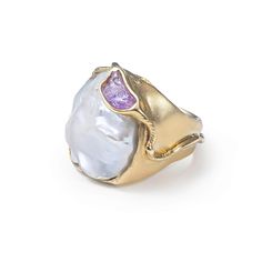 Yosa Baroque Pearl and Rough Pink Sapphire Ring (Gold 18K) GERMAN KABIRSKI Sapphire Ring Gold, Raw Ruby, Gold Sapphire Ring, Ruby Crystal, Pink Sapphire Ring, Pearl Collection, Ring Stand, Ring Gold, Baroque Pearls