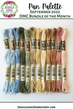 six skeins of different colors of yarn with text overlay that says pan patette