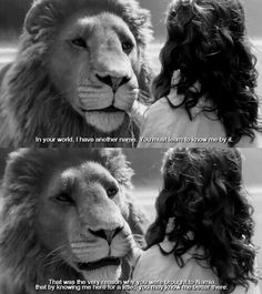 the lion and the girl are talking to each other