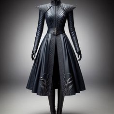 Fantasy Queen Outfit, Dark Dress Aesthetic, Winterfell Dress, Dragon Rider Outfit, Dress Armor, Marvel Dress, Vestidos Anime, Armor Dress, Black Leather Dress