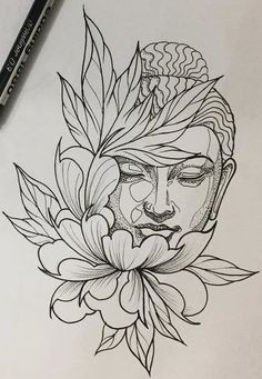 a drawing of a buddha head with flowers around it's neck and the face