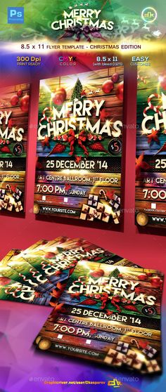 christmas party flyer template with colorful lights and presents on the front, back and sides