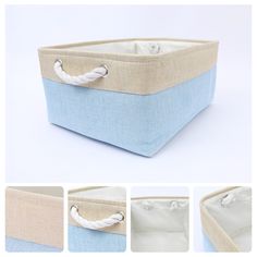 four different views of a blue and white storage bin with rope handles on each side