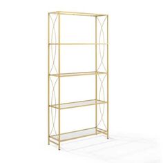 a gold metal shelf with three shelves on each side