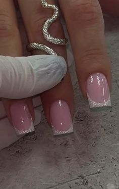 Clean Nail Art Classy, Pink Nails With White French Tip, French Nails Pink And White, Sqovalnails Short, Trending French Tip Nails, Latest Nail Extensions Designs, Trendy Nails French Tip, Sparkly French Manicure, Sparkly French Tips