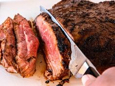 a person cutting up some meat on top of a white plate with a large knife