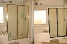 before and after pictures of a bathroom remodel with tub, shower, and sink