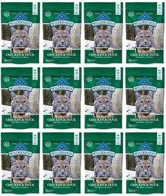 twelve boxes of chicken and duck cat food, each with an individual's face