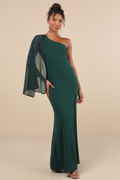 Majestic Attitude Emerald Cape Sleeve One-Shoulder Maxi Dress Drape Shoulder Dress, One Shoulder Emerald Green Dress, Wide Shoulders Dresses, Green Formal Dresses, Military Ball Dresses, Emerald Green Dresses, Long Sleeve Dress Formal, Green Bridesmaid Dresses, Cape Sleeves