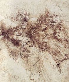 an old drawing of three people with their mouths open