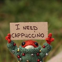 a stuffed animal with a sign that says i need cappuccino