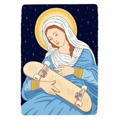 an image of the virgin mary holding a skateboard