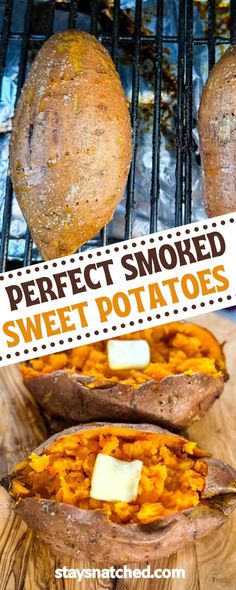 baked sweet potatoes on the grill with text overlay