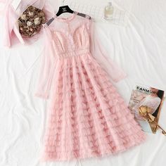 Fabric: lace Size: S M L XL Color: pink, purple, black, wine red, white, apricot, green Mesh Lace Dress, Hollister Style, Cake Dress, Body Skirt, Dress Layered, Color Block Shirts, Mid Skirt, Pleated Long Skirt, Midi Dress Style