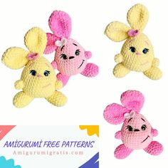 three stuffed animals with different designs on them and one has a pink bow around its neck