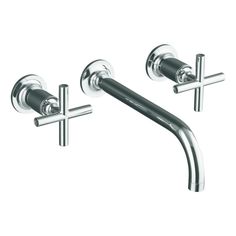 two chrome faucets with cross handles and nozzles on each side, one is