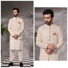 Men's Formal Prince Coat on Jamawar Fabric with Chikan Embroidery with Blended Boski Kurta Pyjama Prince Coat Design For Men, Beige Long Sleeve Semi-formal Set, Festive Beige Outerwear For Wedding, Beige Outerwear For Wedding, Long Sleeve Wedding Sets For Winter, Winter Wedding Long Sleeve Sets, Winter Wedding Sets With Long Sleeves, Festive Groom Sets With Dabka Details, Bandhgala For Groom On Eid