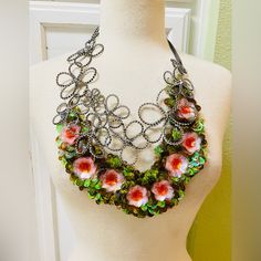 Fabulous Vera Wang Couture Collection.Large Statement Avant-Garde Necklace ~ Wire Rhinestone Flowers With Pink And Green Sequin Cluster 3-D Flowers~ Organza Ribbon Tie. Purchased From Neiman Marcus $650. New /Never Worn Condition. Making An Entrance “Fashion Is Art” Glamorous Pink Evening Necklaces, Pink Crystal Beaded Necklaces For Party, Elegant Multicolor Embellished Necklaces, Vera Wang Couture, Bohemian Jewelry Earrings, Vera Wang Jewelry, Sequin Flowers, Sapphire Diamond Pendant, Choker Collar Necklace