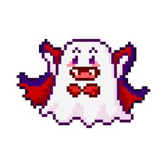 an old school pixel art style image of a white ghost with red eyes and horns