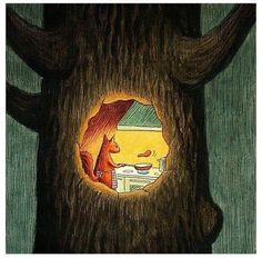 an image of a cartoon character looking through a hole in a tree