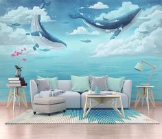 a living room scene with two dolphins in the sky and clouds painted on the wall